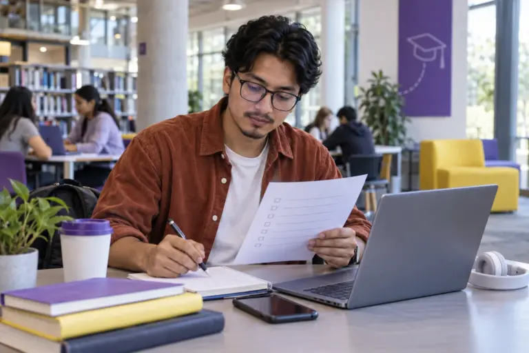 Young Nepali man with glasses reviewing an unbranded study application document checklist with a laptop for UK study planning.