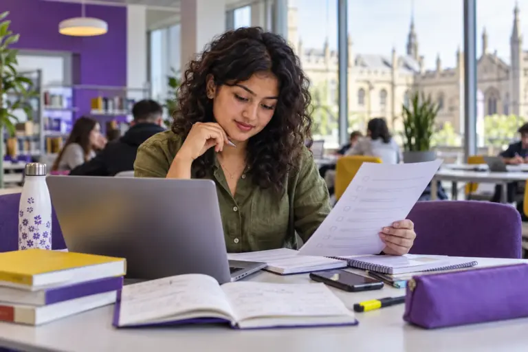 Young Nepali woman with curly hair reviewing an unbranded study application document checklist with a laptop for UK study planning.