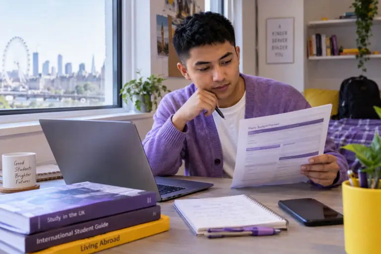 Young Nepali man with cropped hair comparing a personal study budget worksheet and university tuition information on a laptop for UK study planning.
