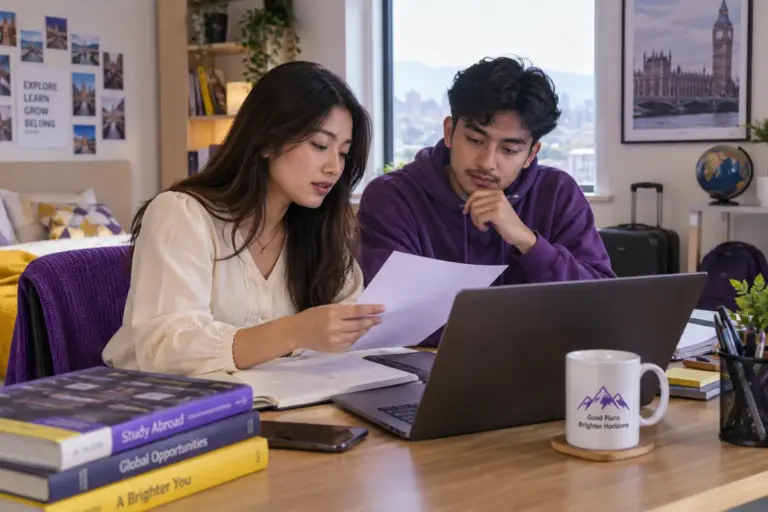 Two Nepali students, one woman and one man reviewing an unbranded study application document checklist with a laptop for UK study planning.