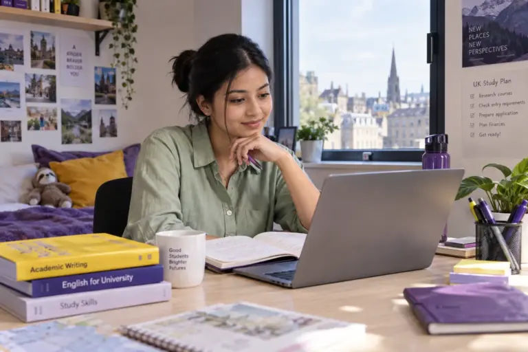 Young Nepali woman with tied-back hair practising English writing or reading on a laptop beside study books, as preparation for UK university study for UK study planning.