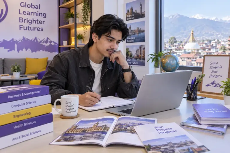 Young Nepali man with swept-back hair comparing UK university courses and intake options using a laptop and notebook for UK study planning.