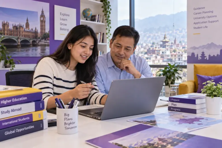 Nepali student discussing plans with a parent practising English writing or reading on a laptop beside study books, as preparation for UK university study for UK study planning.