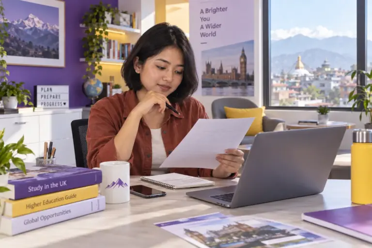 Young Nepali woman with a short bob reviewing an unbranded study application document checklist with a laptop for UK study planning.