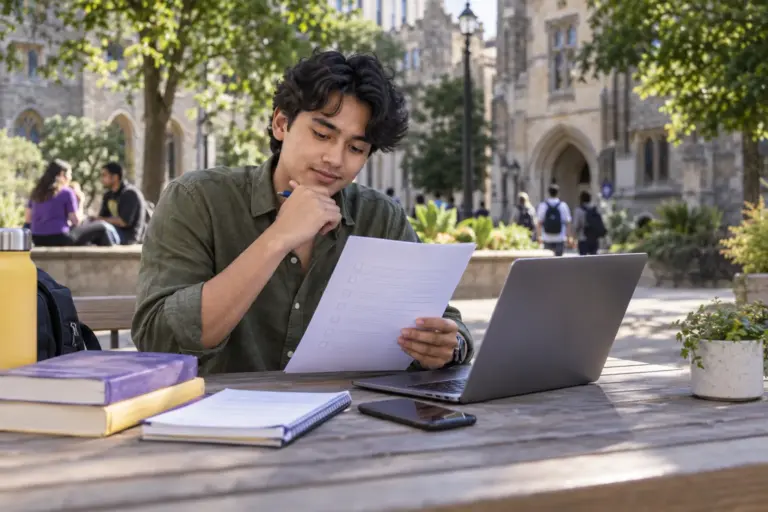 Young Nepali man with wavy hair reviewing an unbranded study application document checklist with a laptop for UK study planning.