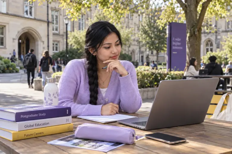 Young Nepali woman with a long braid comparing UK university courses and intake options using a laptop and notebook for UK study planning.