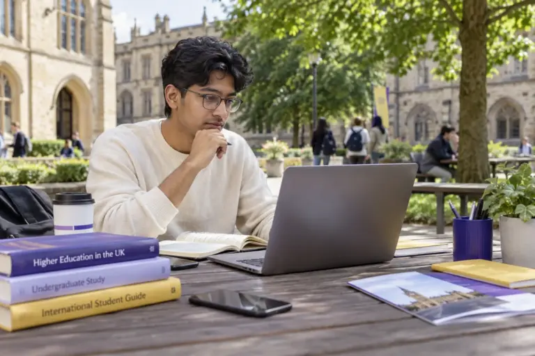 Young Nepali man with glasses comparing UK university courses and intake options using a laptop and notebook for UK study planning.