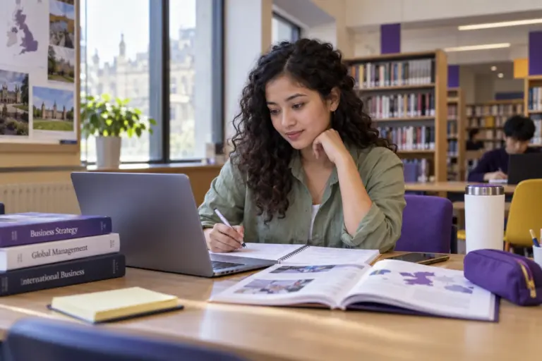 Young Nepali woman with curly hair comparing UK university courses and intake options using a laptop and notebook for UK study planning.
