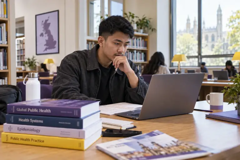 Young Nepali man with cropped hair comparing UK university courses and intake options using a laptop and notebook for UK study planning.