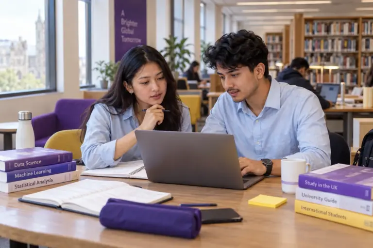 Two Nepali students, one woman and one man comparing UK university courses and intake options using a laptop and notebook for UK study planning.