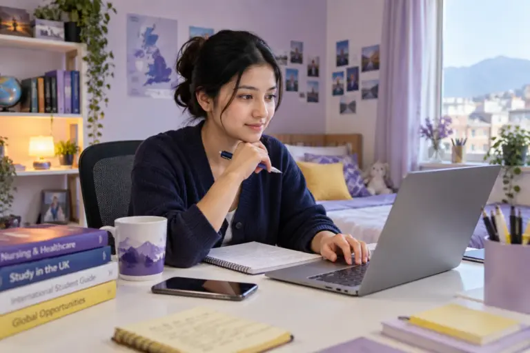 Young Nepali woman with tied-back hair comparing UK university courses and intake options using a laptop and notebook for UK study planning.