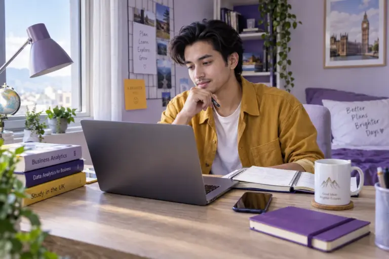 Young Nepali man with swept-back hair comparing UK university courses and intake options using a laptop and notebook for UK study planning.