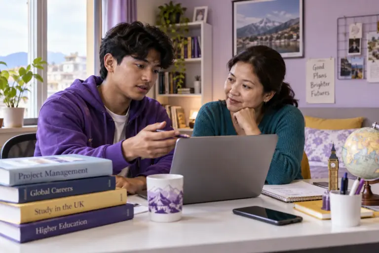 Nepali student discussing plans with a parent comparing UK university courses and intake options using a laptop and notebook for UK study planning.