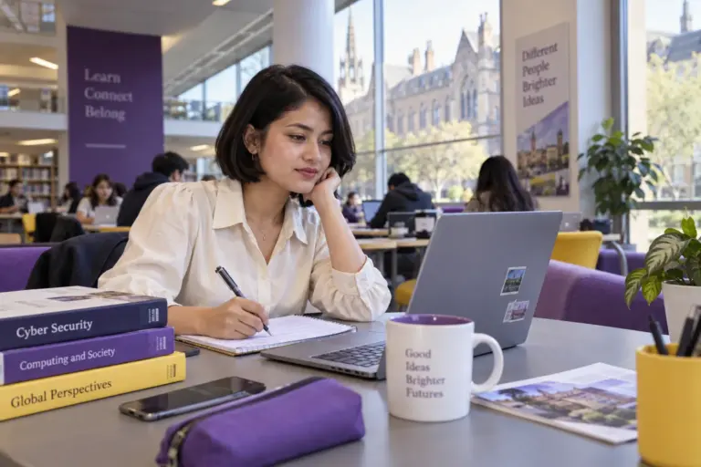 Young Nepali woman with a short bob comparing UK university courses and intake options using a laptop and notebook for UK study planning.