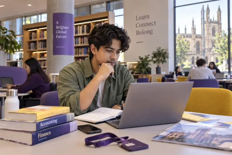 Young Nepali man with wavy hair comparing UK university courses and intake options using a laptop and notebook for UK study planning.