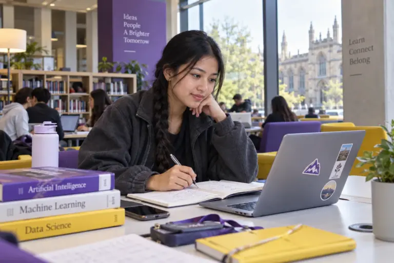 Young Nepali woman with a long braid comparing UK university courses and intake options using a laptop and notebook for UK study planning.