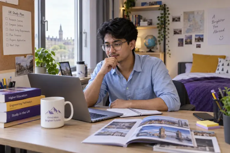 Young Nepali man with glasses comparing UK university courses and intake options using a laptop and notebook for UK study planning.