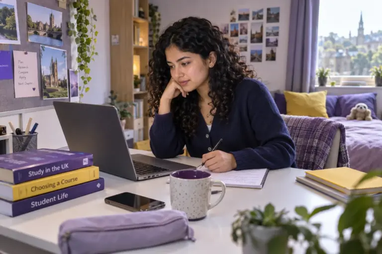 Young Nepali woman with curly hair comparing UK university courses and intake options using a laptop and notebook for UK study planning.