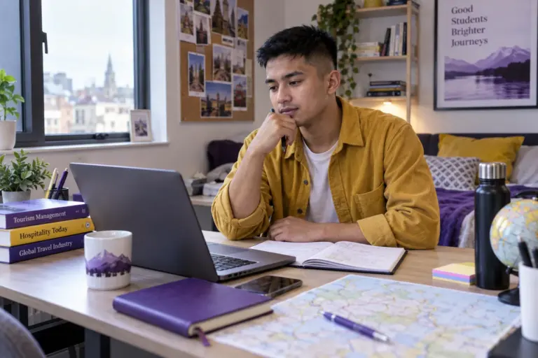 Young Nepali man with cropped hair comparing UK university courses and intake options using a laptop and notebook for UK study planning.