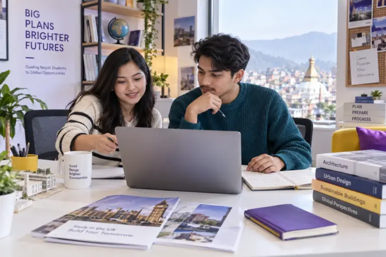 Two Nepali students, one woman and one man comparing UK university courses and intake options using a laptop and notebook for UK study planning.