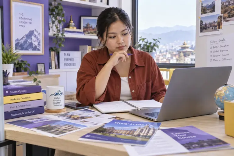 Young Nepali woman with tied-back hair comparing UK university courses and intake options using a laptop and notebook for UK study planning.