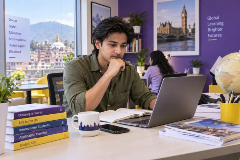 Young Nepali man with swept-back hair comparing UK university courses and intake options using a laptop and notebook for UK study planning.