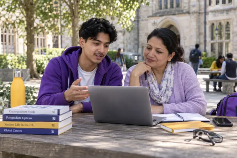 Nepali student discussing plans with a parent comparing UK university courses and intake options using a laptop and notebook for UK study planning.