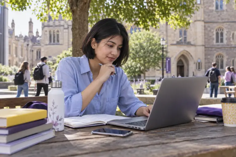 Young Nepali woman with a short bob comparing UK university courses and intake options using a laptop and notebook for UK study planning.