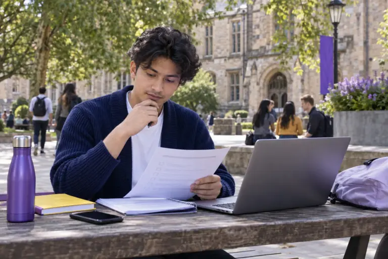 Young Nepali man with wavy hair reviewing an unbranded study application document checklist with a laptop for UK study planning.