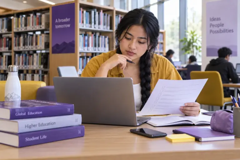 Young Nepali woman with a long braid reviewing an unbranded study application document checklist with a laptop for UK study planning.