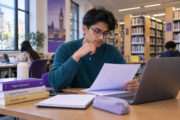 Young Nepali man with glasses reviewing an unbranded study application document checklist with a laptop for UK study planning.