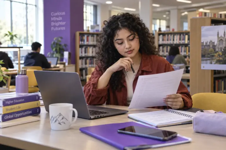 Young Nepali woman with curly hair reviewing an unbranded study application document checklist with a laptop for UK study planning.
