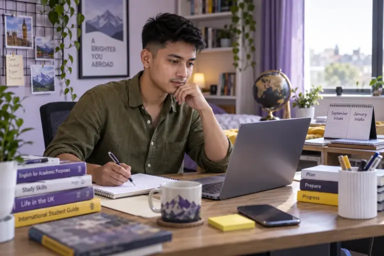 Young Nepali man with cropped hair practising English writing or reading on a laptop beside study books, as preparation for UK university study for UK study planning.
