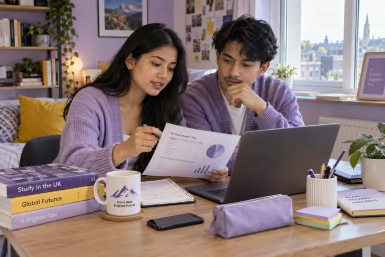 Two Nepali students, one woman and one man comparing a personal study budget worksheet and university tuition information on a laptop for UK study planning.