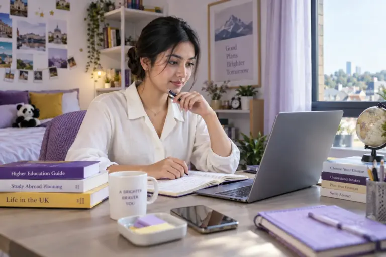 Young Nepali woman with tied-back hair comparing UK university courses and intake options using a laptop and notebook for UK study planning.