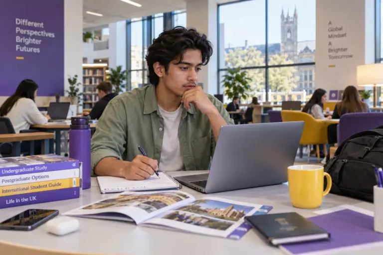Young Nepali man with swept-back hair comparing UK university courses and intake options using a laptop and notebook for UK study planning.