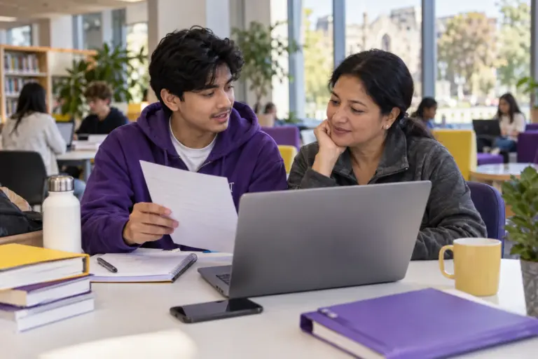Nepali student discussing plans with a parent reviewing an unbranded study application document checklist with a laptop for UK study planning.