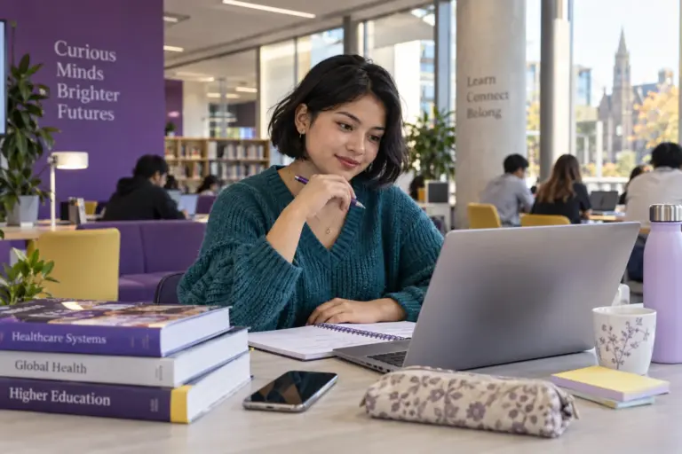 Young Nepali woman with a short bob comparing UK university courses and intake options using a laptop and notebook for UK study planning.