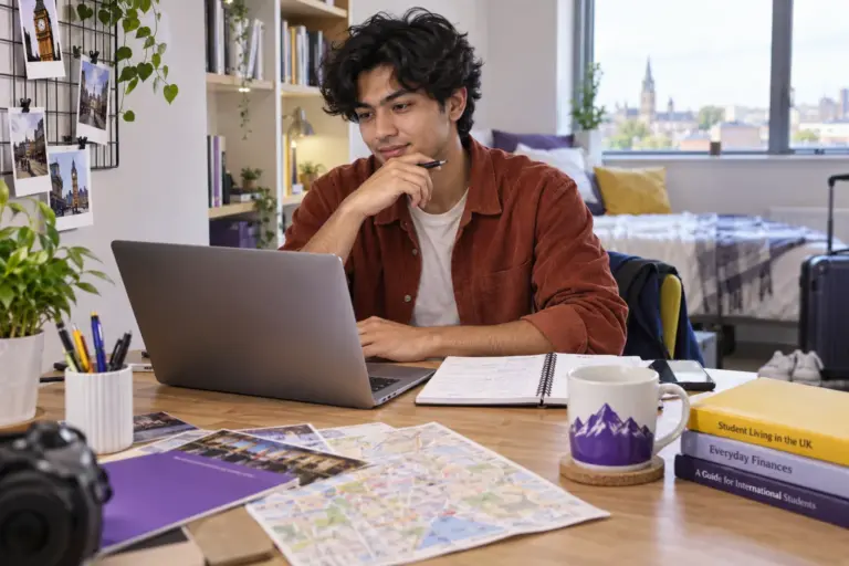 Young Nepali man with wavy hair planning student accommodation and everyday campus life with a notebook and laptop in a welcoming UK study setting for UK study planning.