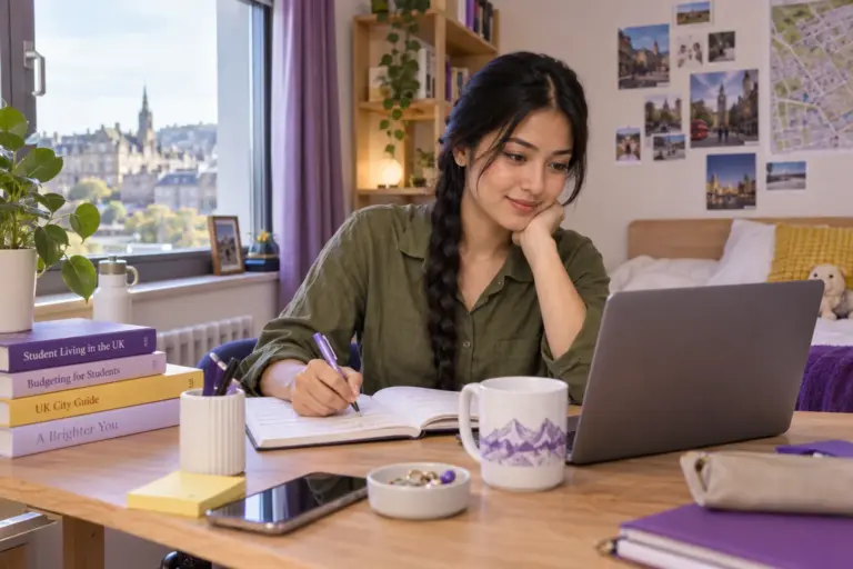 Young Nepali woman with a long braid planning student accommodation and everyday campus life with a notebook and laptop in a welcoming UK study setting for UK study planning.