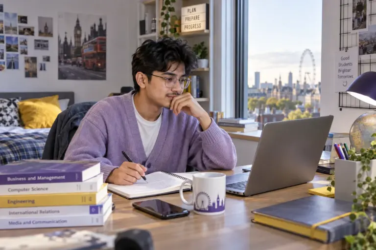Young Nepali man with glasses comparing UK university courses and intake options using a laptop and notebook for UK study planning.