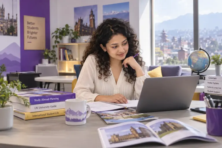 Young Nepali woman with curly hair comparing UK university courses and intake options using a laptop and notebook for UK study planning.