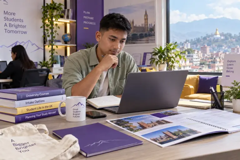 Young Nepali man with cropped hair comparing UK university courses and intake options using a laptop and notebook for UK study planning.