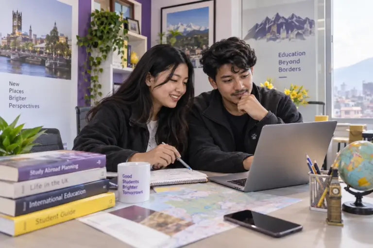 Two Nepali students, one woman and one man comparing UK university courses and intake options using a laptop and notebook for UK study planning.