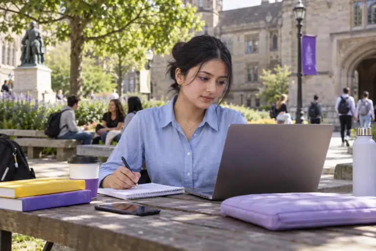 Young Nepali woman with tied-back hair comparing UK university courses and intake options using a laptop and notebook for UK study planning.