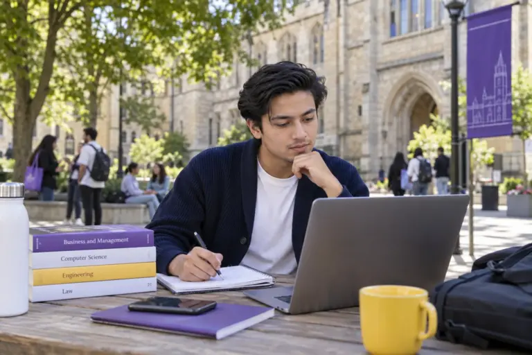 Young Nepali man with swept-back hair comparing UK university courses and intake options using a laptop and notebook for UK study planning.