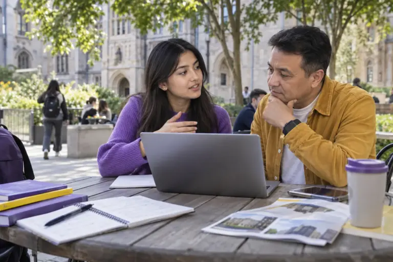 Nepali student discussing plans with a parent comparing UK university courses and intake options using a laptop and notebook for UK study planning.