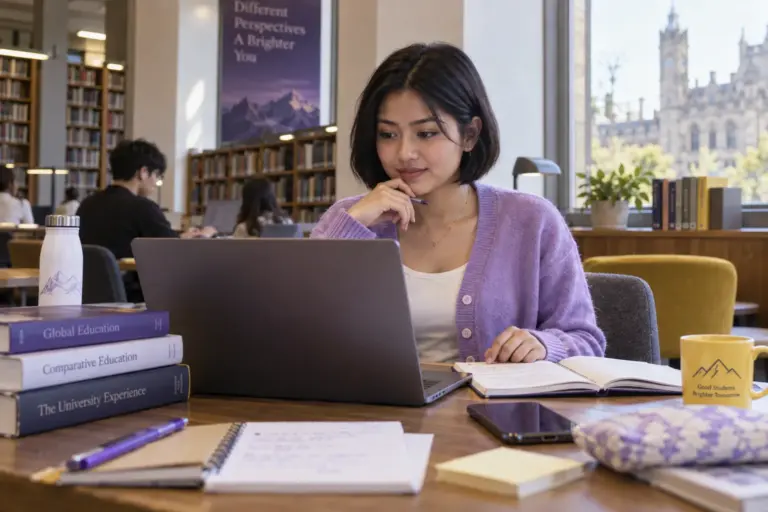 Young Nepali woman with a short bob comparing UK university courses and intake options using a laptop and notebook for UK study planning.