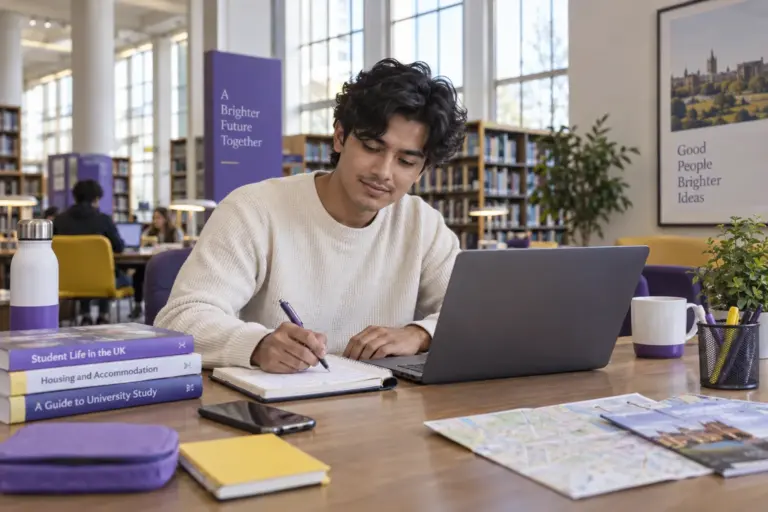 Young Nepali man with wavy hair planning student accommodation and everyday campus life with a notebook and laptop in a welcoming UK study setting for UK study planning.