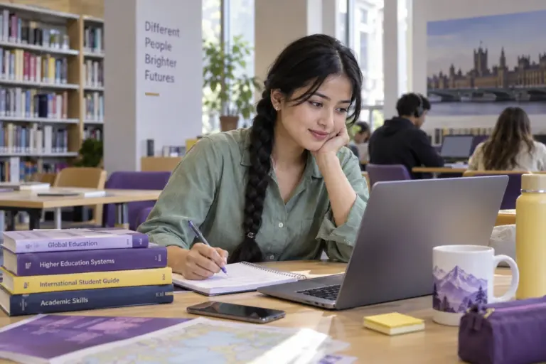 Young Nepali woman with a long braid comparing UK university courses and intake options using a laptop and notebook for UK study planning.